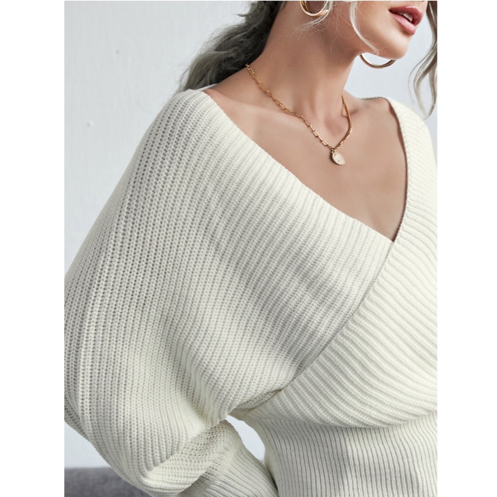 White Rib Knit Wrap Pullover Sweater Backless - Picture 5 of 8